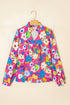 Split Neck Floral Print Long Sleeve Woven Blouse