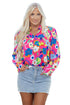 Split Neck Floral Print Long Sleeve Woven Blouse