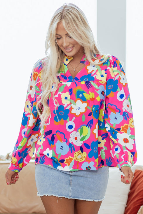Split Neck Floral Print Long Sleeve Woven Blouse