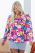 Split Neck Floral Print Long Sleeve Woven Blouse