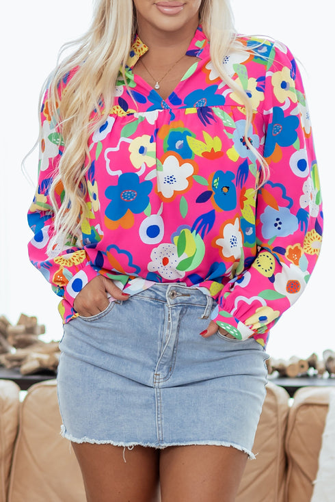 Split Neck Floral Print Long Sleeve Woven Blouse