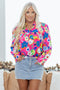 Split Neck Floral Print Long Sleeve Woven Blouse