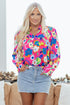 Split Neck Floral Print Long Sleeve Woven Blouse