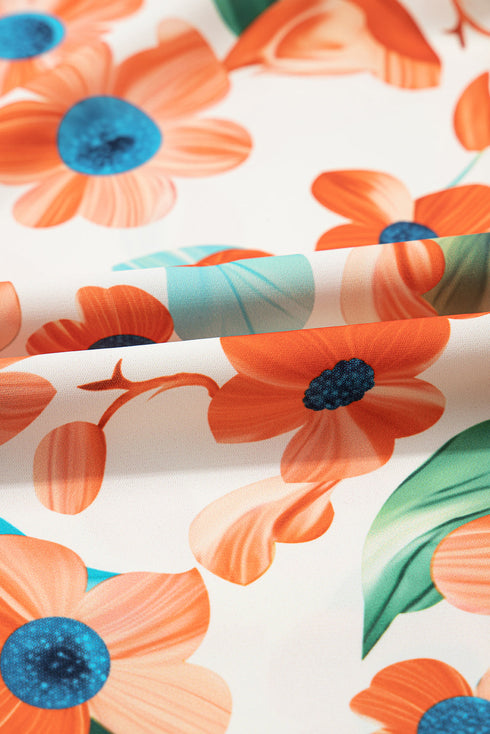 Split Neck Floral Print Mini Dress with Contrast Trim