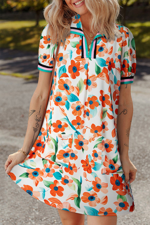 Split Neck Floral Print Mini Dress with Contrast Trim