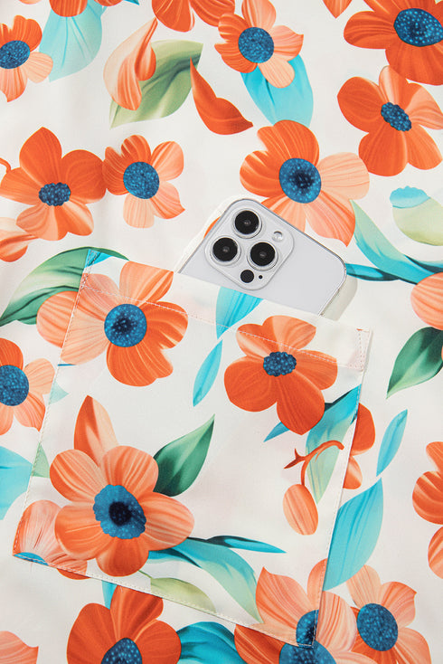 Split Neck Floral Print Mini Dress with Contrast Trim