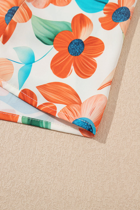 Split Neck Floral Print Mini Dress with Contrast Trim