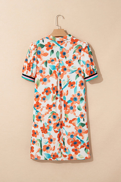 Split Neck Floral Print Mini Dress with Contrast Trim