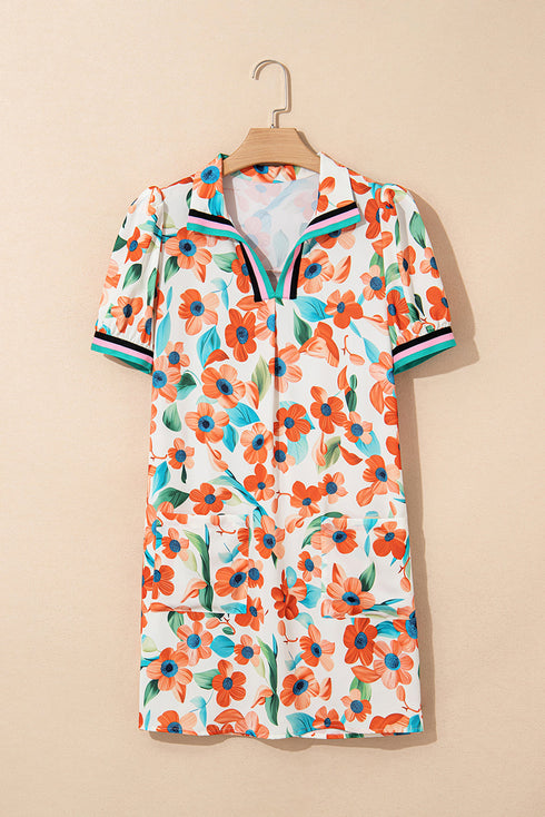 Split Neck Floral Print Mini Dress with Contrast Trim