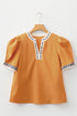 Split Neck Puff Sleeve Contrast Print Trim Blouse