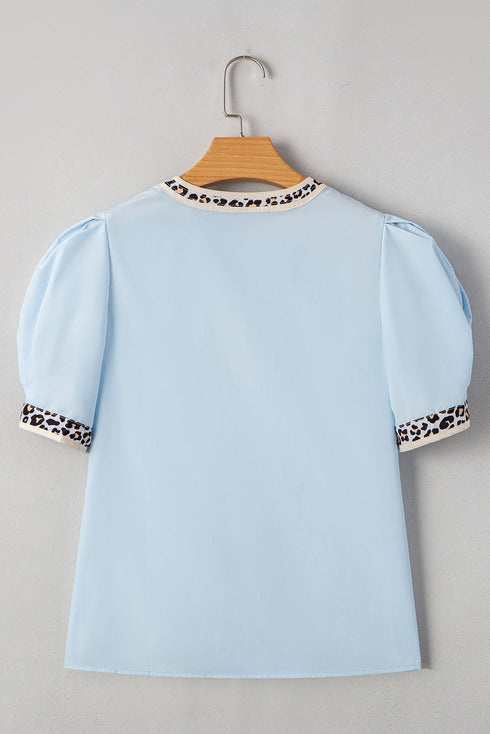 Split Neck Puff Sleeve Contrast Print Trim Blouse