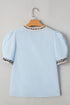 Split Neck Puff Sleeve Contrast Print Trim Blouse