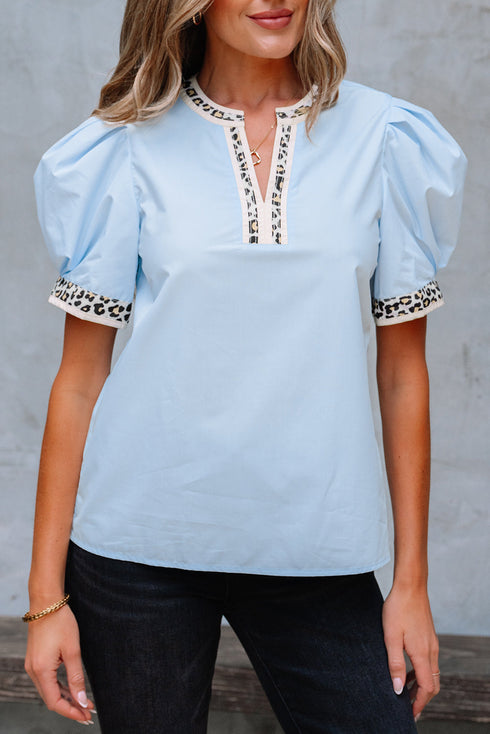 Split Neck Puff Sleeve Contrast Print Trim Blouse