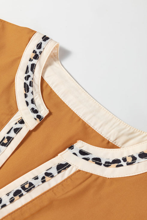 Split Neck Puff Sleeve Contrast Print Trim Blouse
