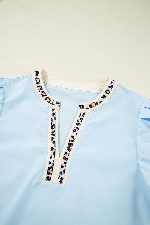 Split Neck Puff Sleeve Contrast Print Trim Blouse