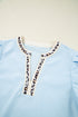 Split Neck Puff Sleeve Contrast Print Trim Blouse