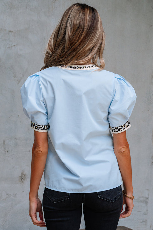 Split Neck Puff Sleeve Contrast Print Trim Blouse