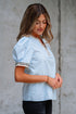 Split Neck Puff Sleeve Contrast Print Trim Blouse
