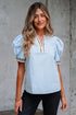 Split Neck Puff Sleeve Contrast Print Trim Blouse