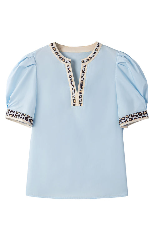 Split Neck Puff Sleeve Contrast Print Trim Blouse