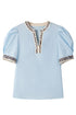 Split Neck Puff Sleeve Contrast Print Trim Blouse