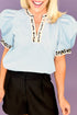 Split Neck Puff Sleeve Contrast Print Trim Blouse
