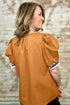 Split Neck Puff Sleeve Contrast Print Trim Blouse