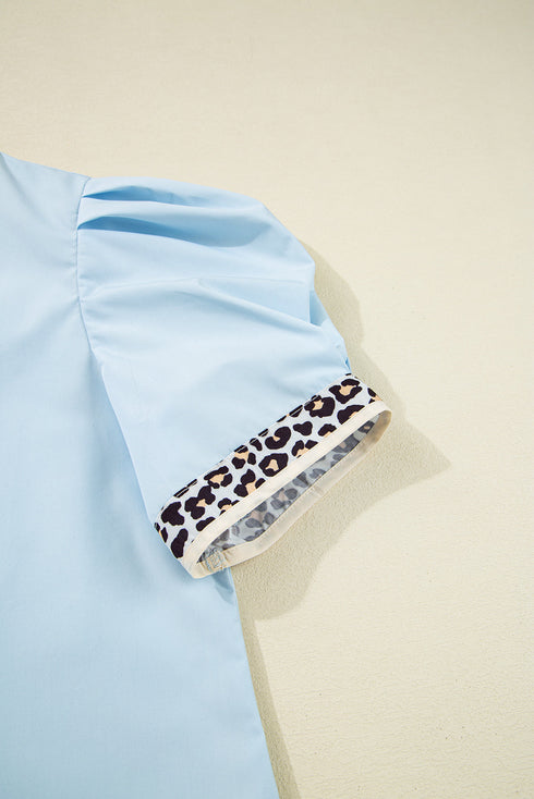 Split Neck Puff Sleeve Contrast Print Trim Blouse