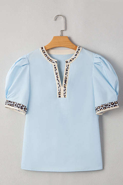 Split Neck Puff Sleeve Contrast Print Trim Blouse