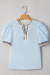 Split Neck Puff Sleeve Contrast Print Trim Blouse