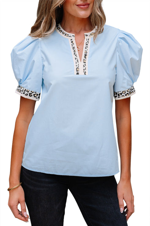 Split Neck Puff Sleeve Contrast Print Trim Blouse