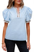 Split Neck Puff Sleeve Contrast Print Trim Blouse