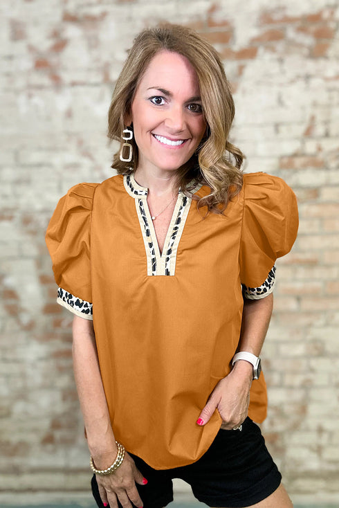 Split Neck Puff Sleeve Contrast Print Trim Blouse