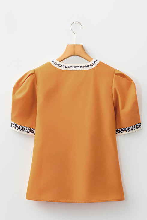 Split Neck Puff Sleeve Contrast Print Trim Blouse