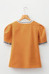 Split Neck Puff Sleeve Contrast Print Trim Blouse