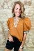 Split Neck Puff Sleeve Contrast Print Trim Blouse