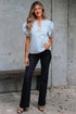 Split Neck Puff Sleeve Contrast Print Trim Blouse