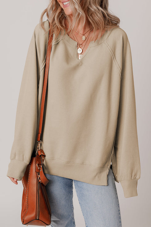 Split Neck Raglan Sleeve Relaxed Fit Pullover Sweatshirt