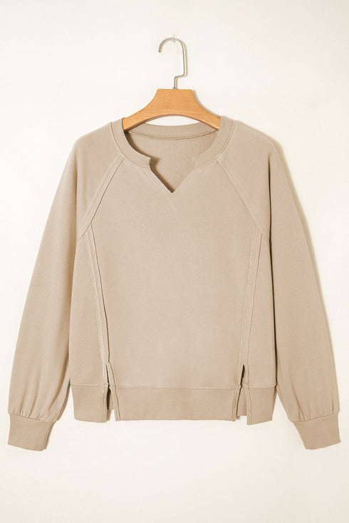 Split Neck Raglan Sleeve Relaxed Fit Pullover Sweatshirt