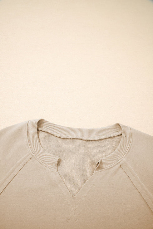 Split Neck Raglan Sleeve Relaxed Fit Pullover Sweatshirt