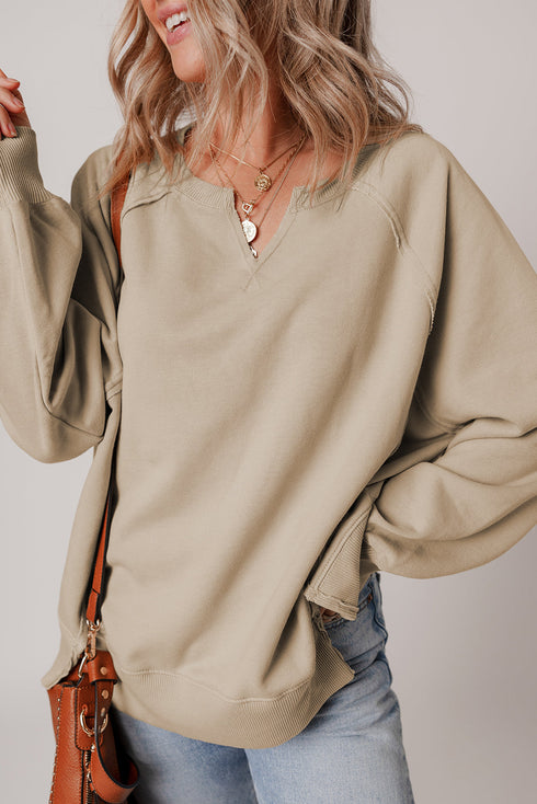 Split Neck Raglan Sleeve Relaxed Fit Pullover Sweatshirt