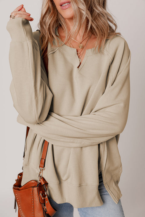Split Neck Raglan Sleeve Relaxed Fit Pullover Sweatshirt