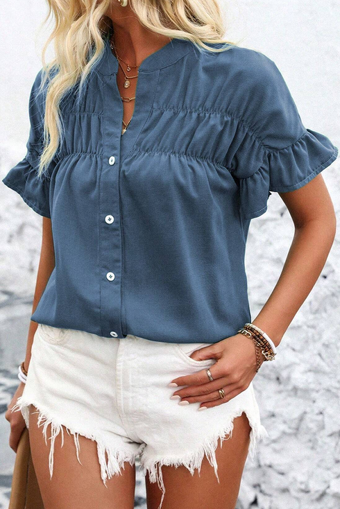 Split Neck Ruffle Sleeve Button Front Blouse