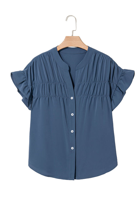 Split Neck Ruffle Sleeve Button Front Blouse
