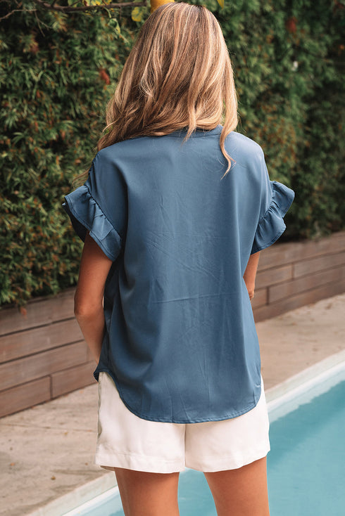 Split Neck Ruffle Sleeve Button Front Blouse