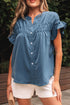 Split Neck Ruffle Sleeve Button Front Blouse