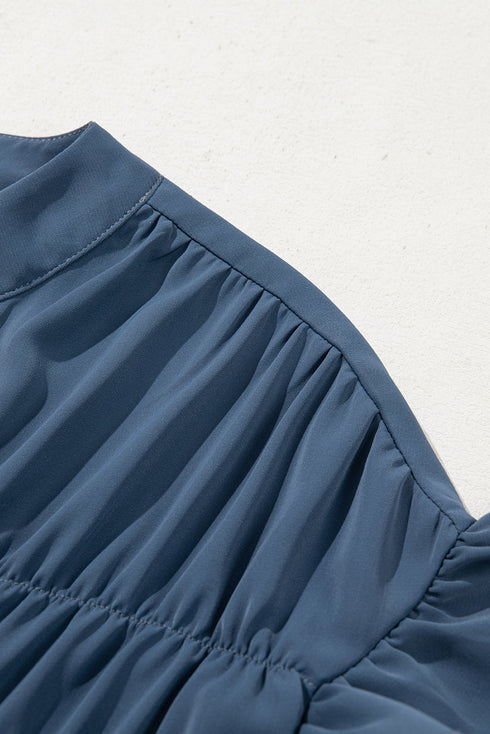 Split Neck Ruffle Sleeve Button Front Blouse