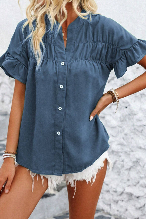 Split Neck Ruffle Sleeve Button Front Blouse