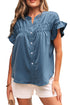 Split Neck Ruffle Sleeve Button Front Blouse