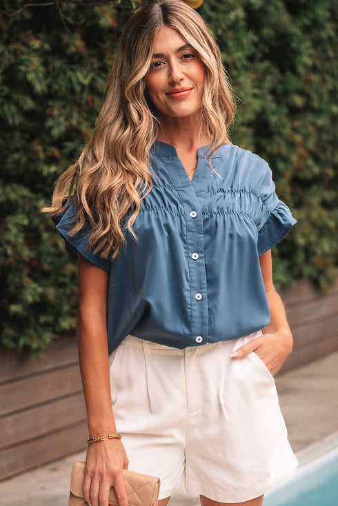 Split Neck Ruffle Sleeve Button Front Blouse